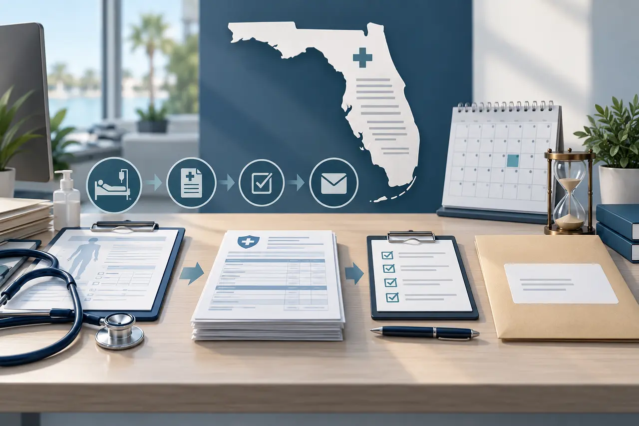 Florida PIP medical billing documents organized around treatment, claim, and pre-suit demand deadlines