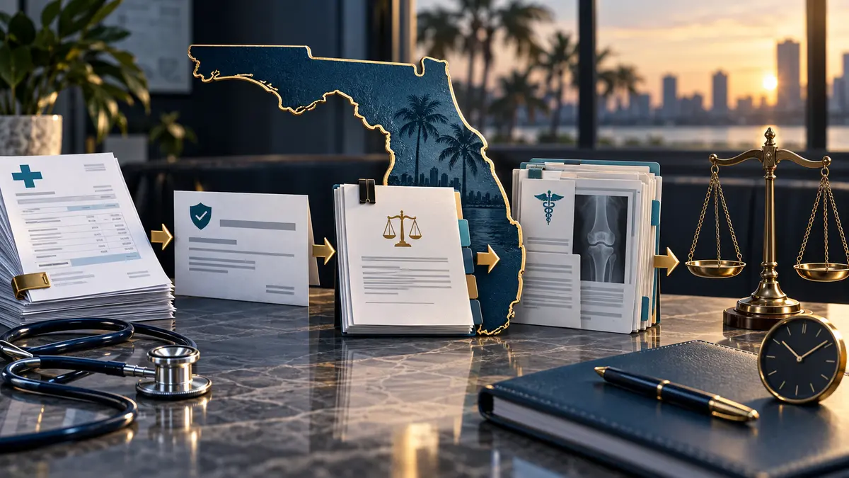 Florida workers' compensation reimbursement petition workflow with medical bills, tracked evidence, clinical records, deadline clock, and legal scales