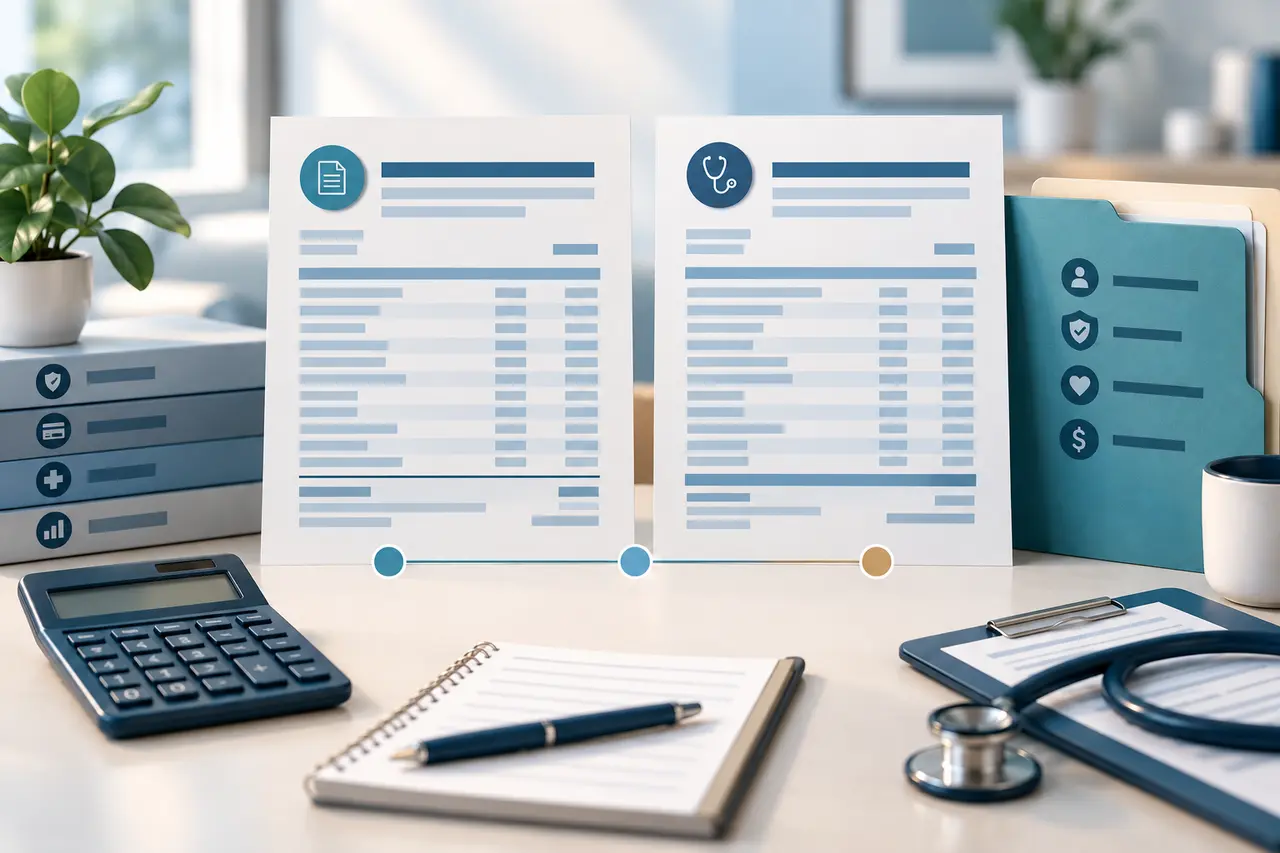 Abstract healthcare estimate and medical billing documents arranged for patient intake and dispute review