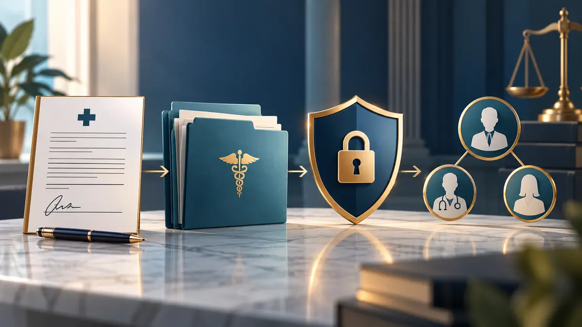 Secure healthcare authorization workflow connecting a signed form, medical records, privacy shield, and authorized representatives