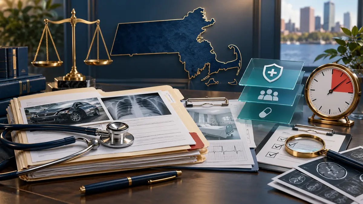 Massachusetts PIP medical-bill workflow with accident records, health-plan coordination, medical review, deadline clock, and legal scales