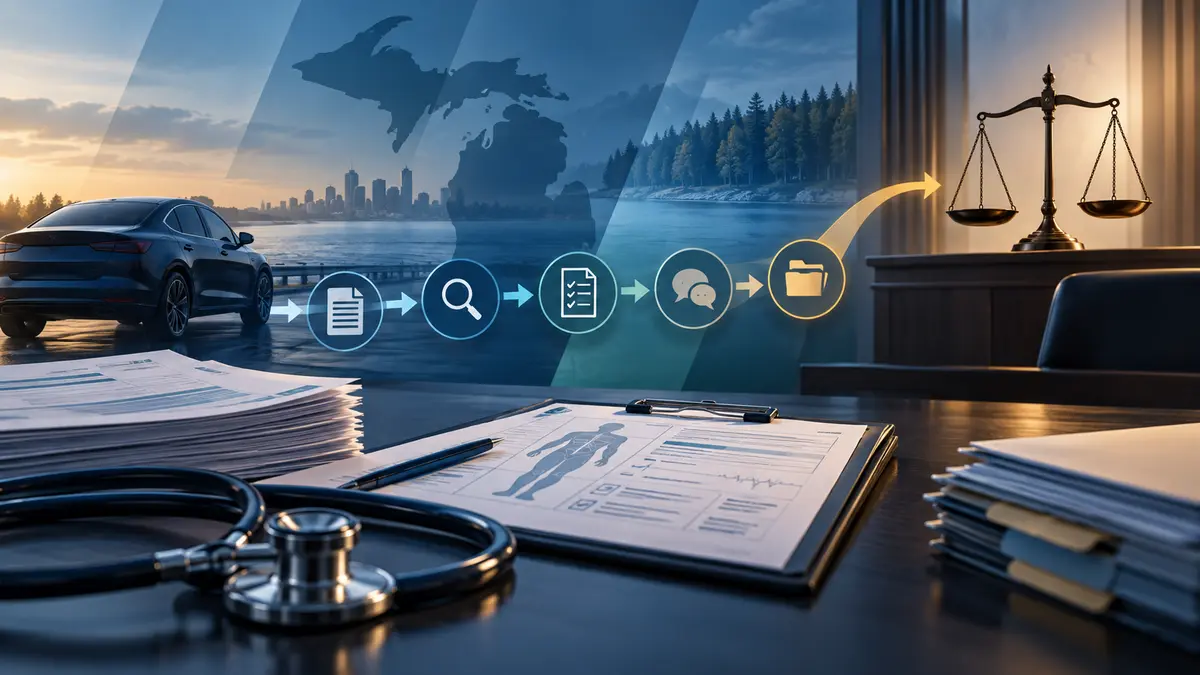 Michigan auto no-fault appeal workflow with accident-care records, review checkpoints, and legal balance scales