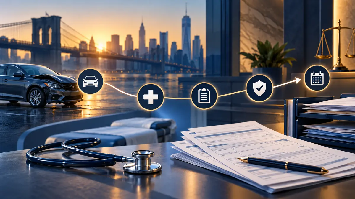 New York accident-care billing workflow with medical records, claim verification checkpoints, and deadline markers