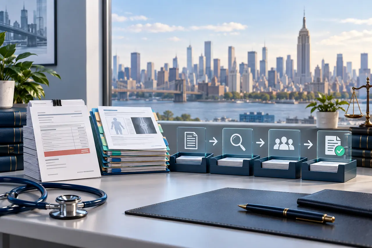 New York workers' compensation medical bills and clinical records moving through an administrative review workflow