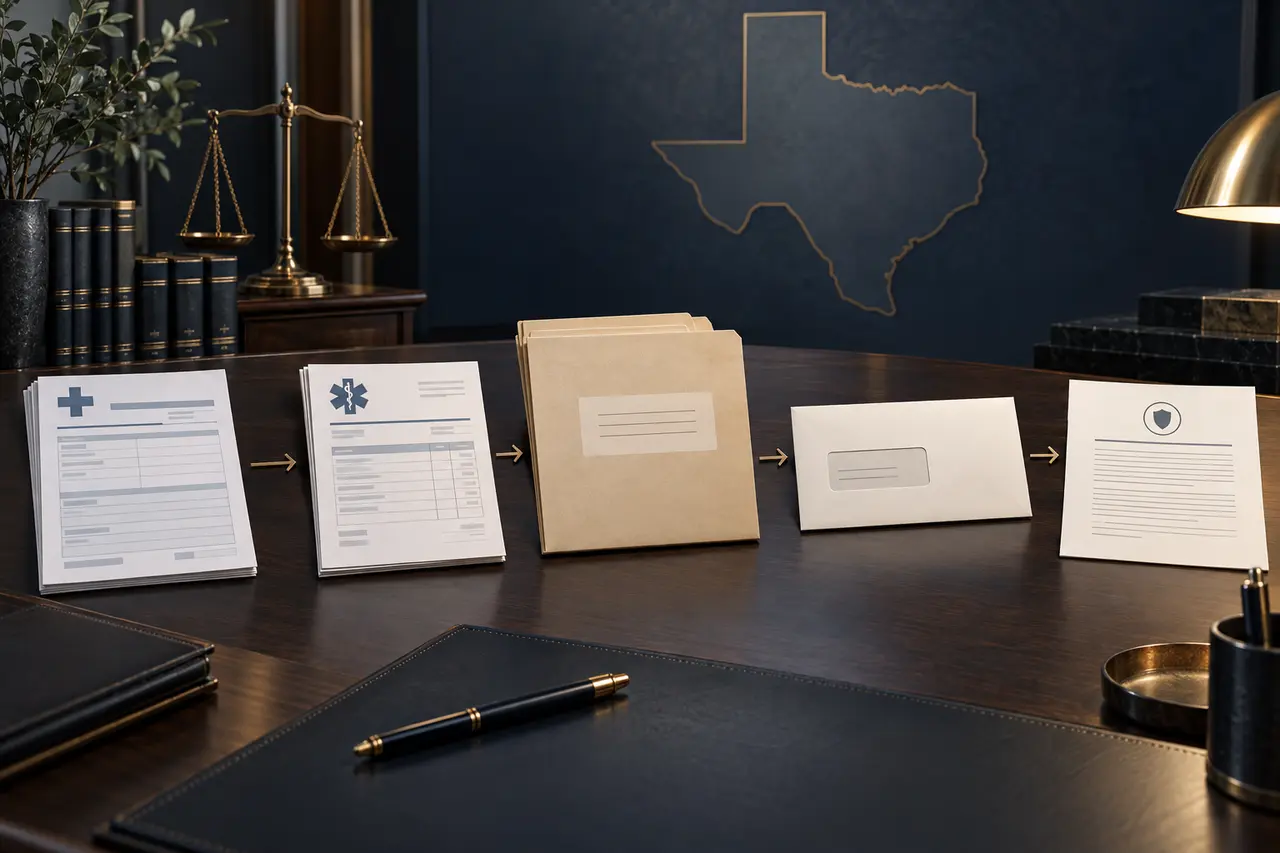 Texas accident-related hospital and emergency medical service records organized for lien filing and release